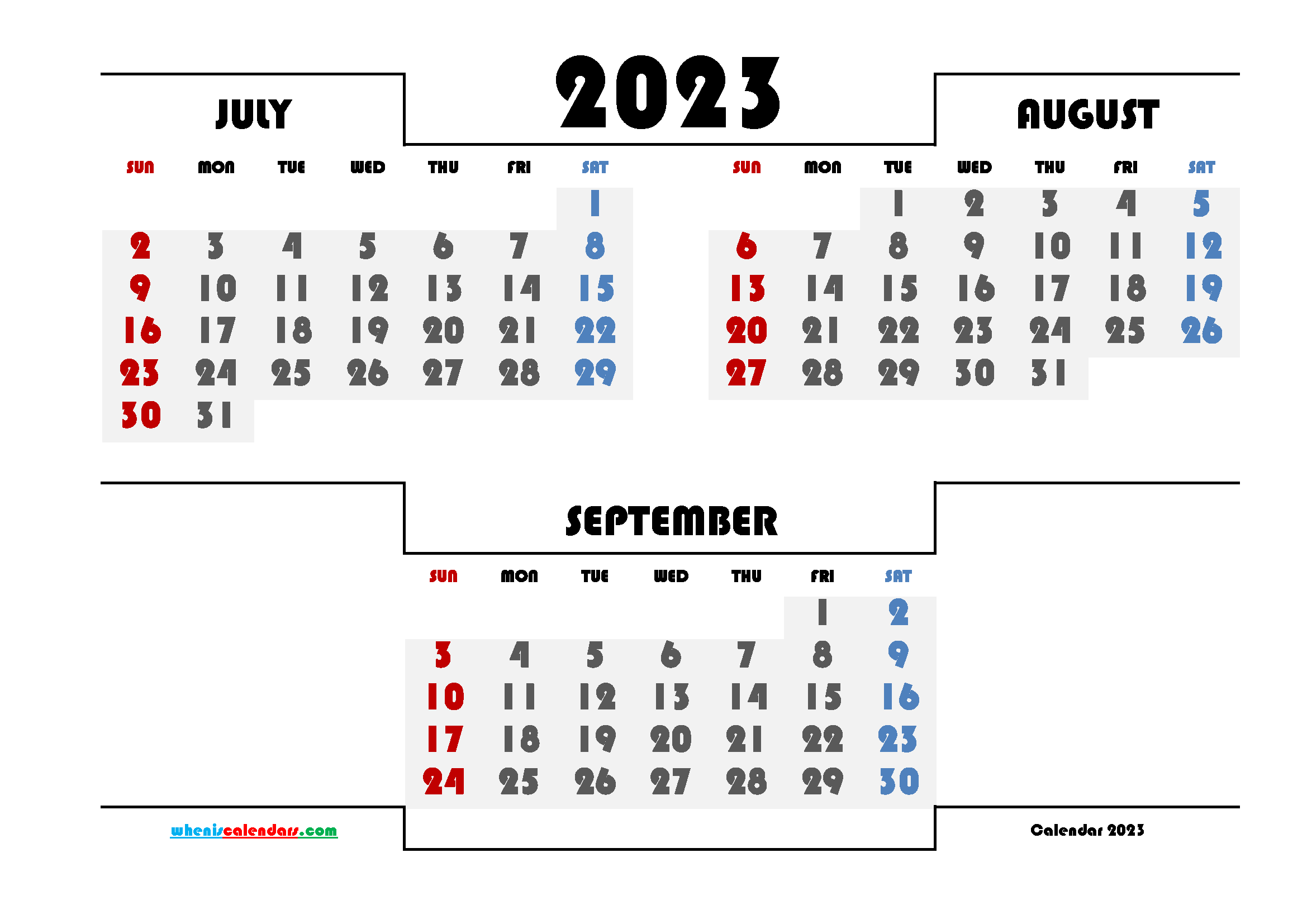 July August September 2023 Three Month Calendar