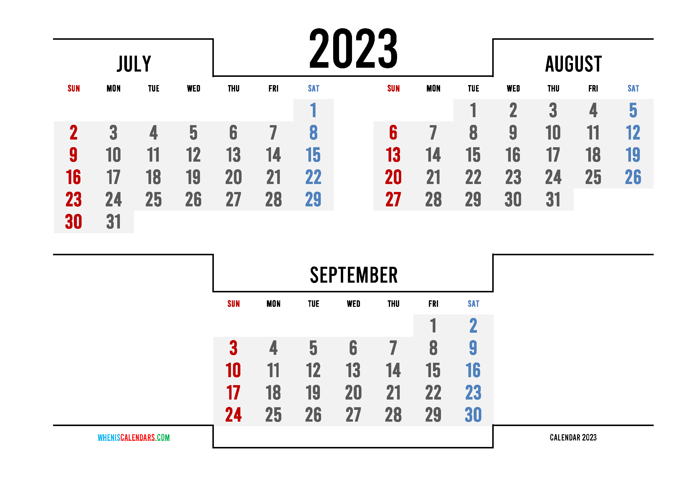 Free July August September 2023 Calendar Printable