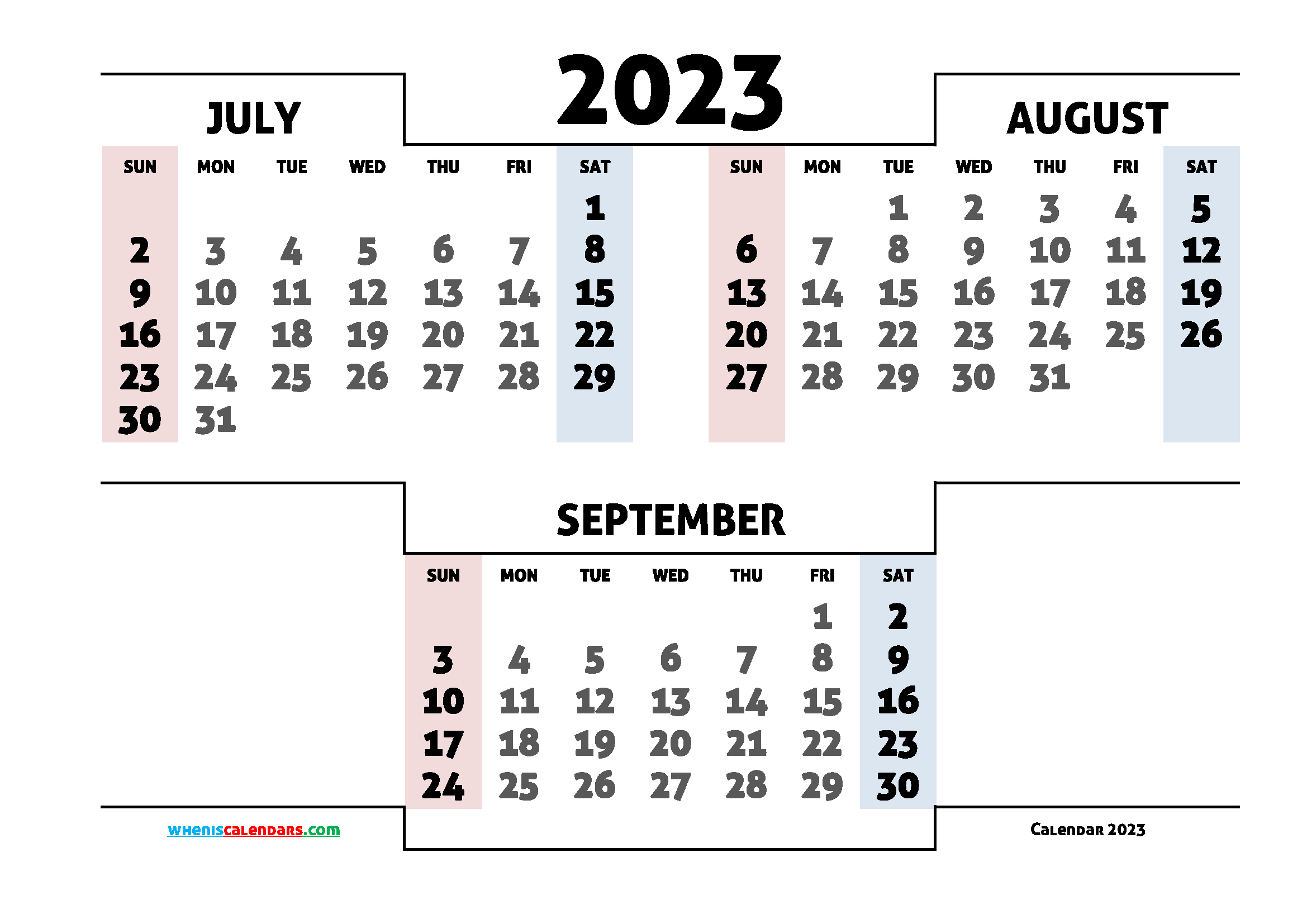 July August September 2023 Printable Quarterly Calendar