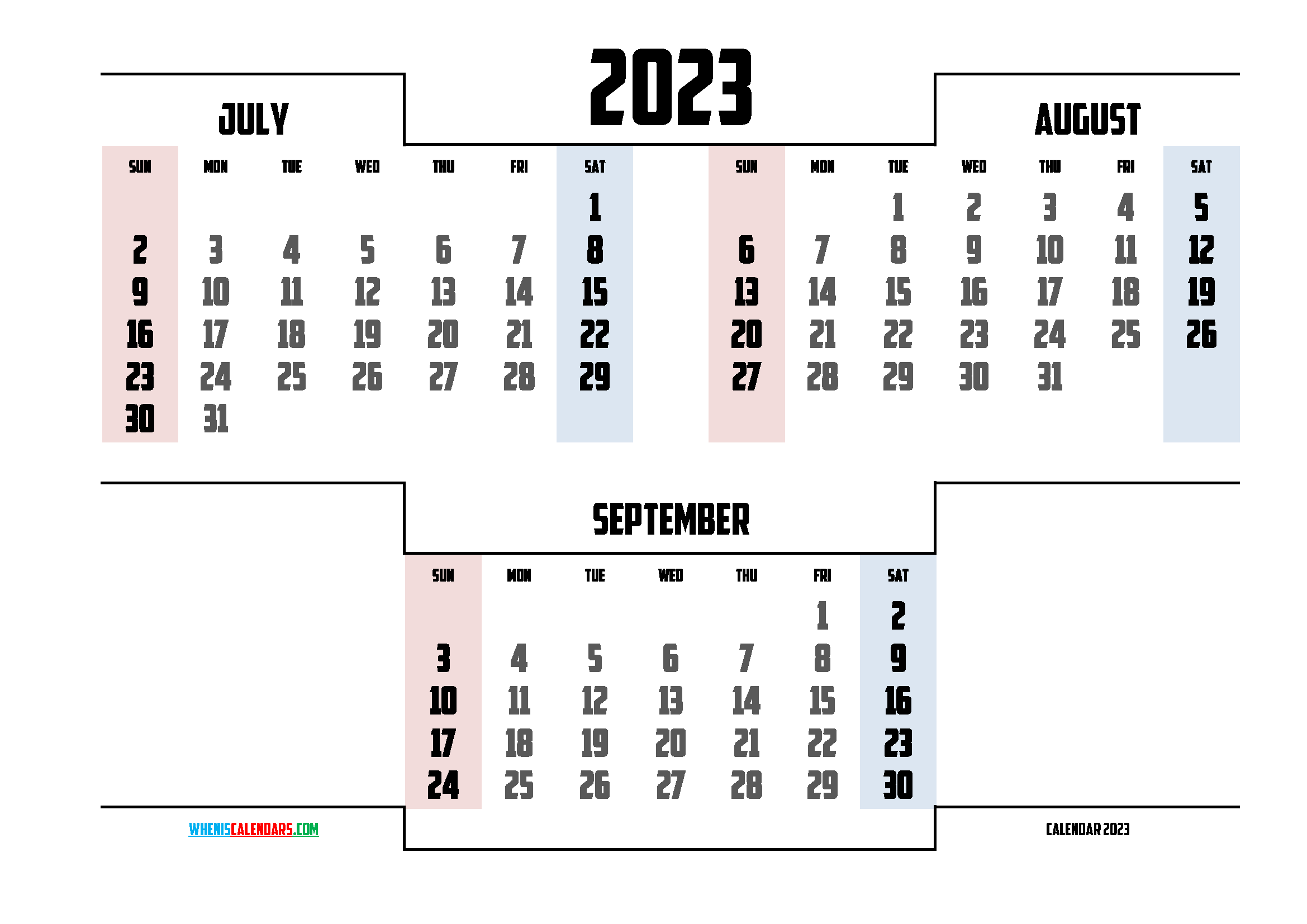 July August September 2023 Calendar Printable