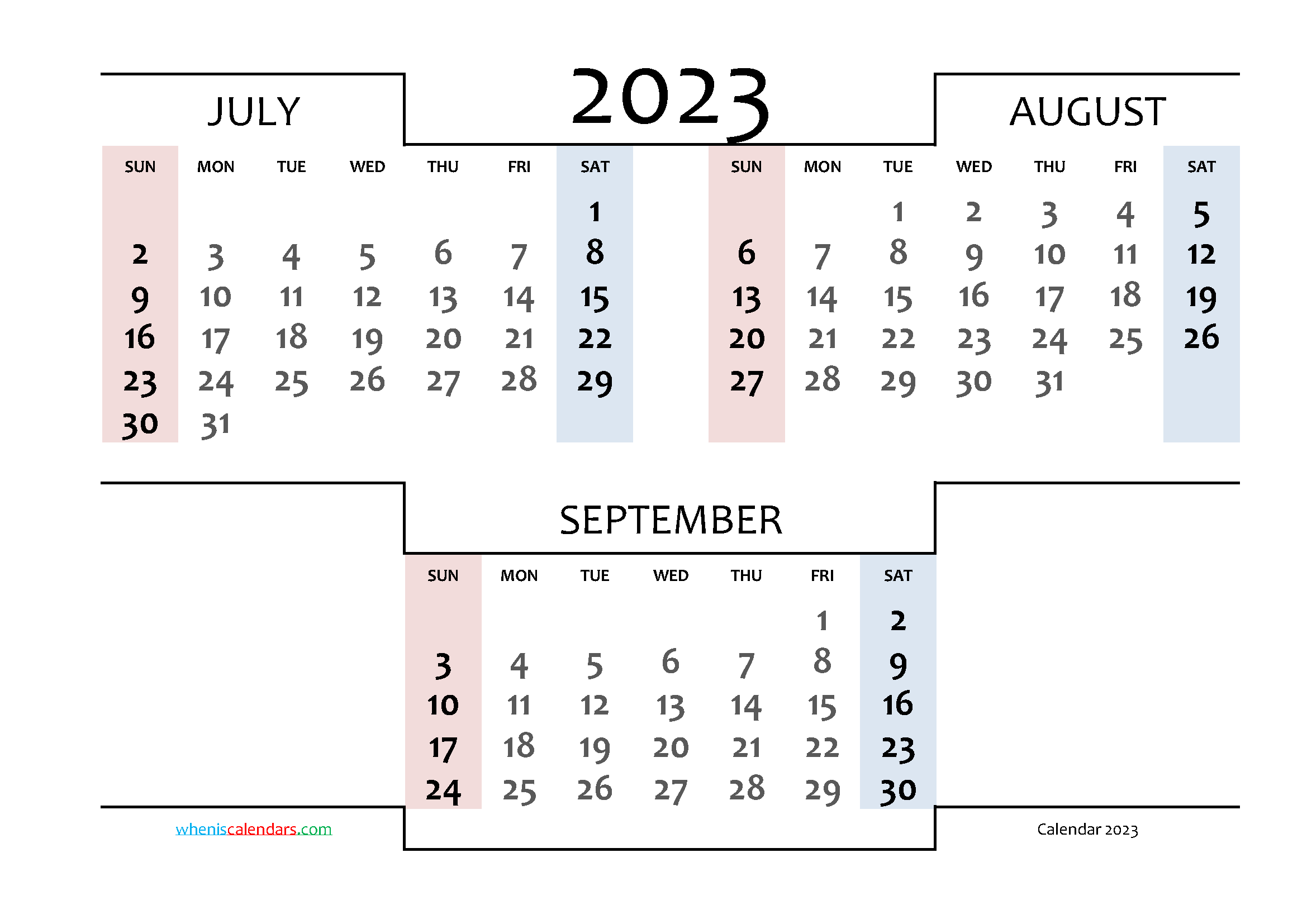 July August September 2023 Printable 3 Month Calendar