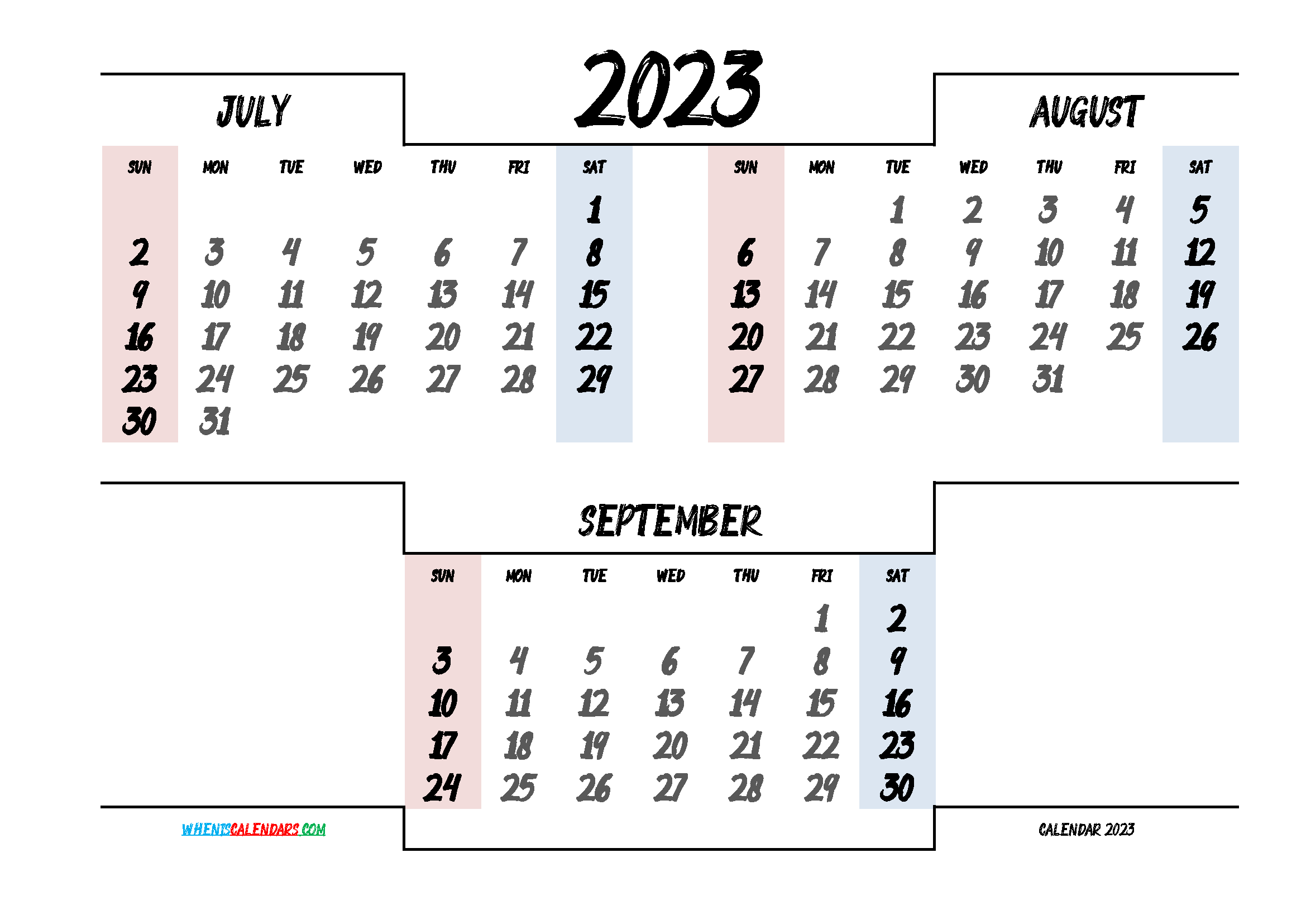 July August September 2023 Free Printable Quarterly Calendar