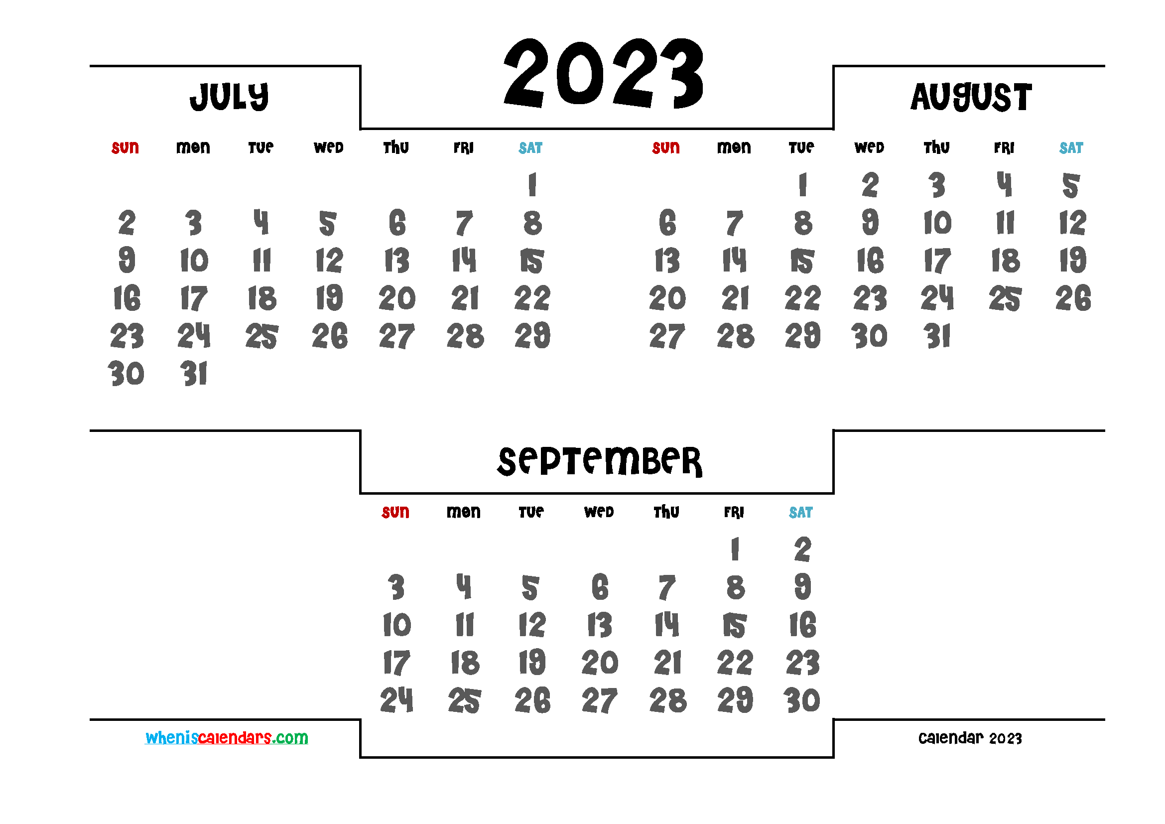 Printable July August September 2023 3 Month Calendar