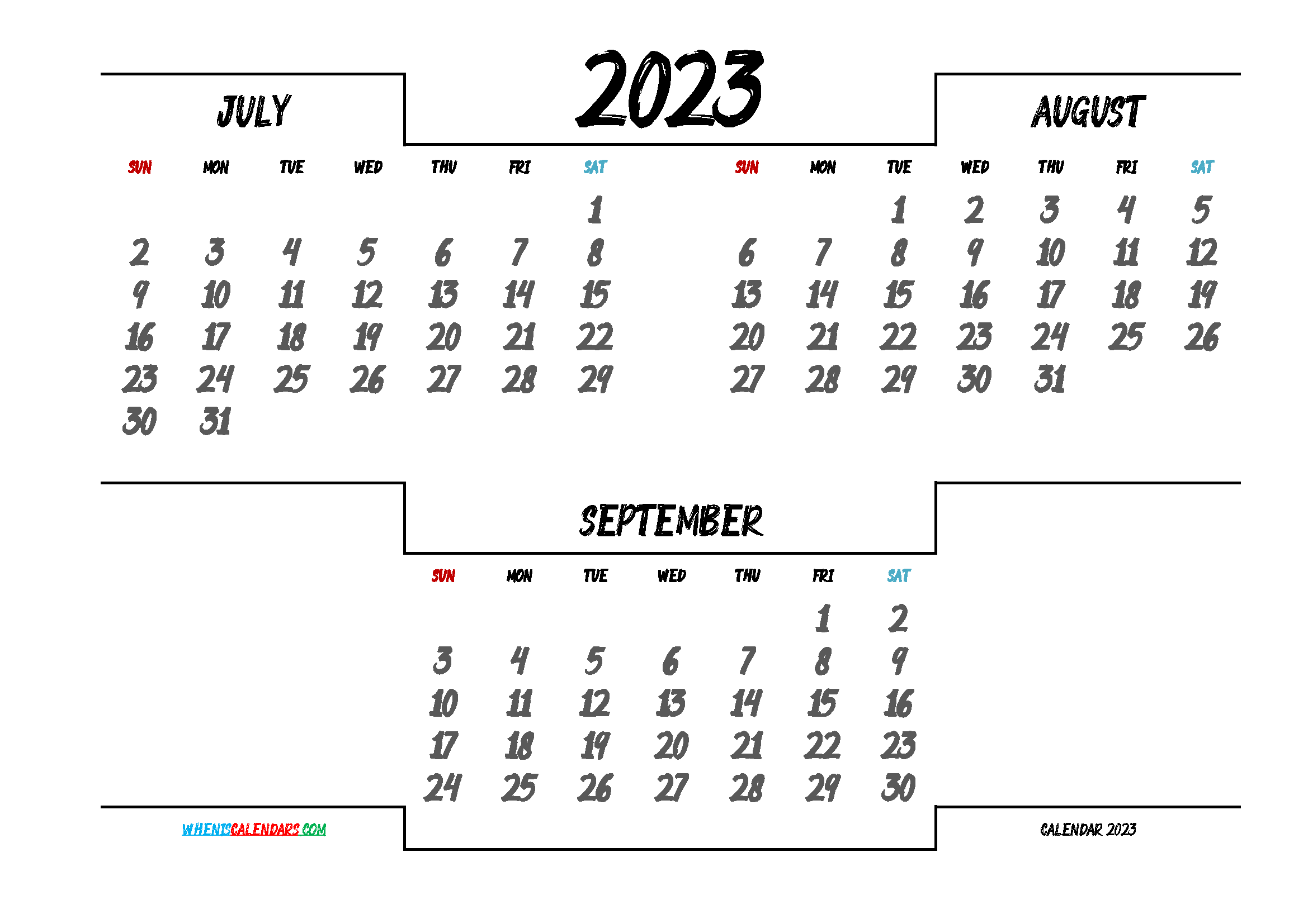 July August September 2023 Printable Calendar