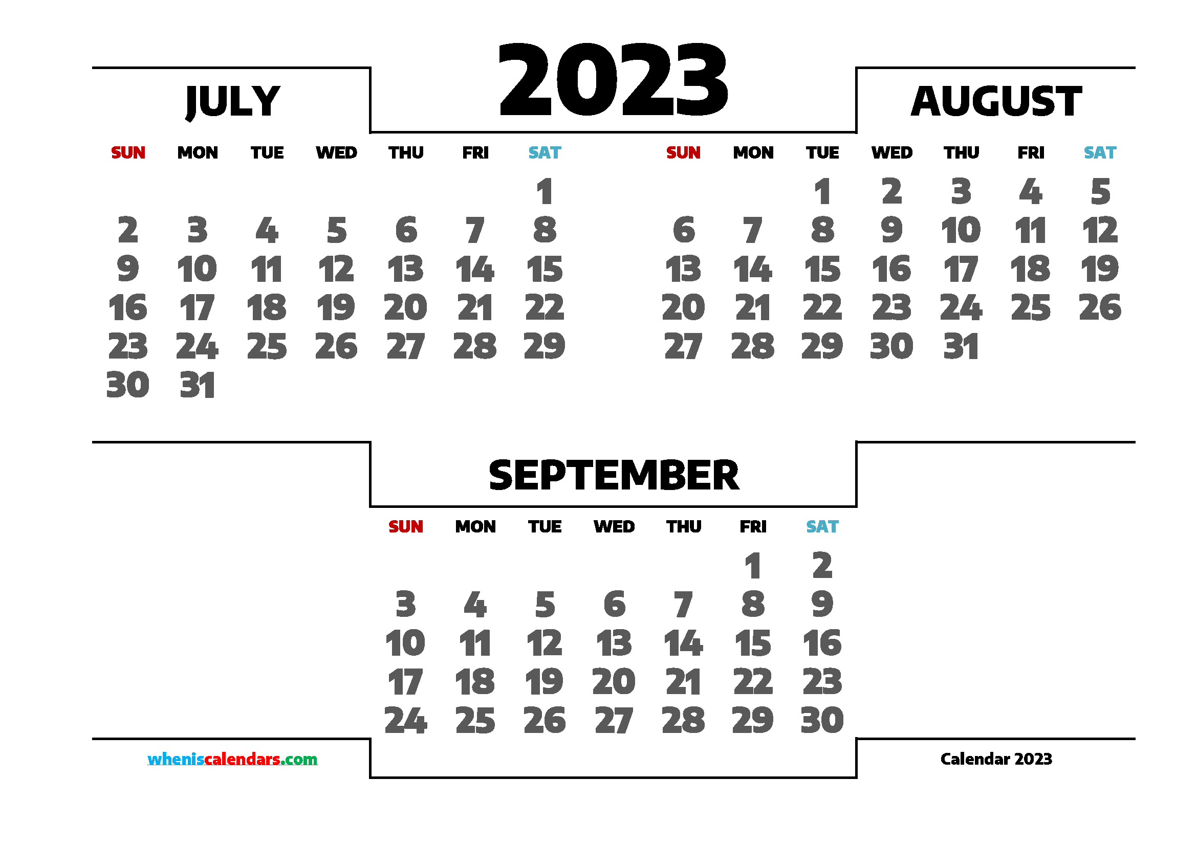 July August September 2023 Three Month Calendar