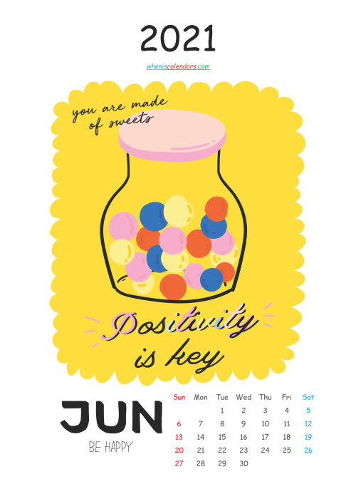 Free Calendar for Kids Printable June 2021