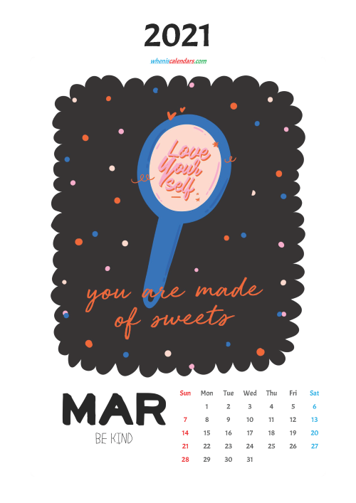 March 2021 Calendar for Kids Printable