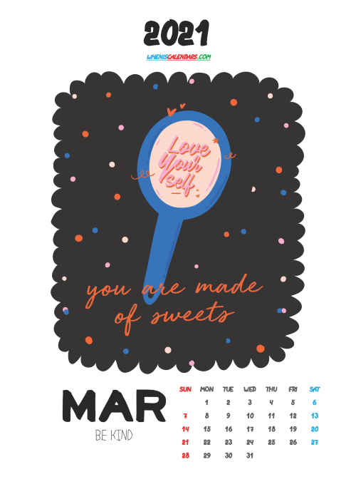 Free March 2021 Calendar for Kids Printable