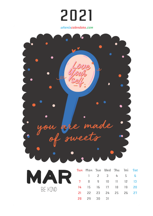 Free Calendar for Kids Printable March 2021