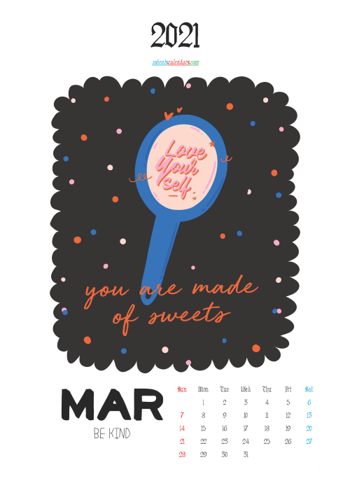 Calendar for Kids Printable March 2021