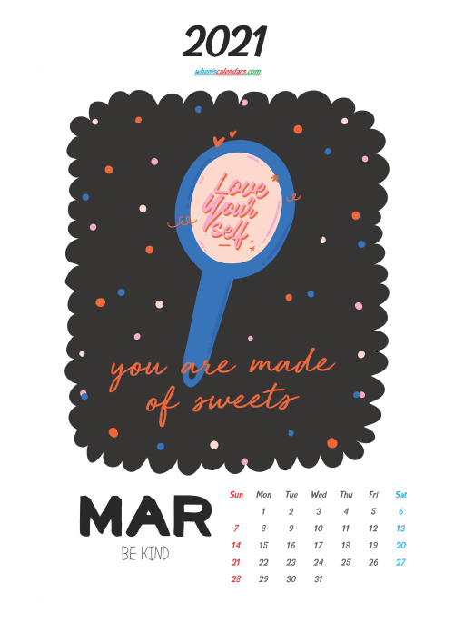March 2021 Calendar Printable for Kids