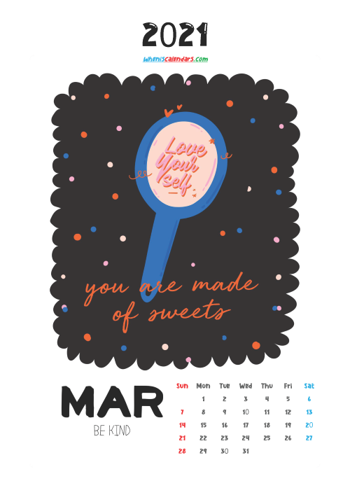 March 2021 Calendar for Kids Printable