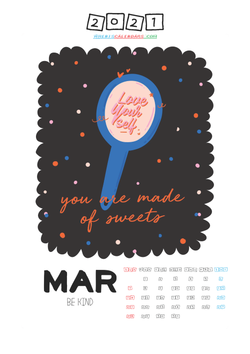 Free March 2021 Calendar for Kids Printable
