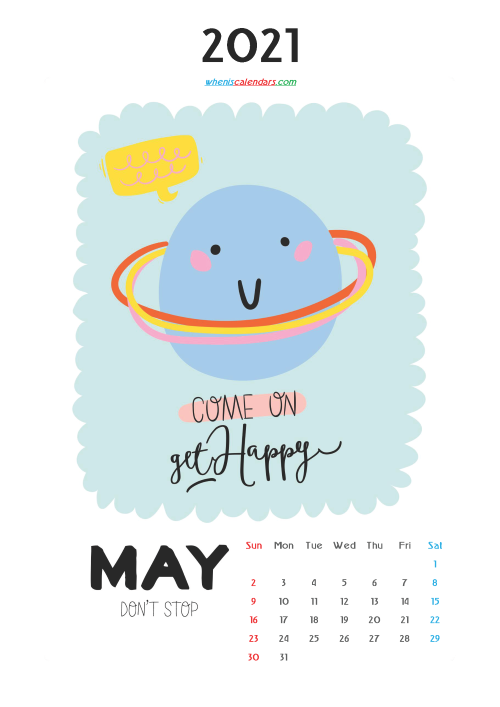 Free May 2021 Calendar for Kids Printable