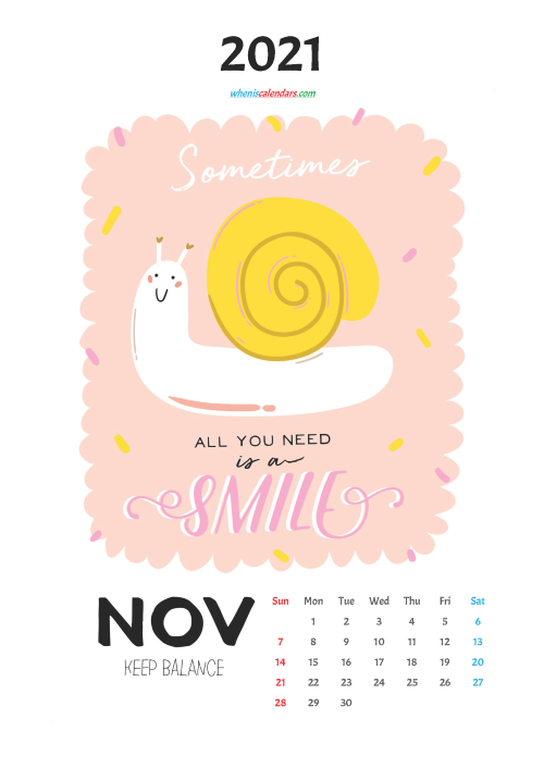 November 2021 Calendar for Kids Printable