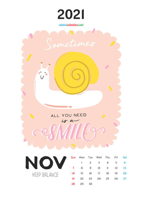 Free November 2021 Calendar for Kids Printable