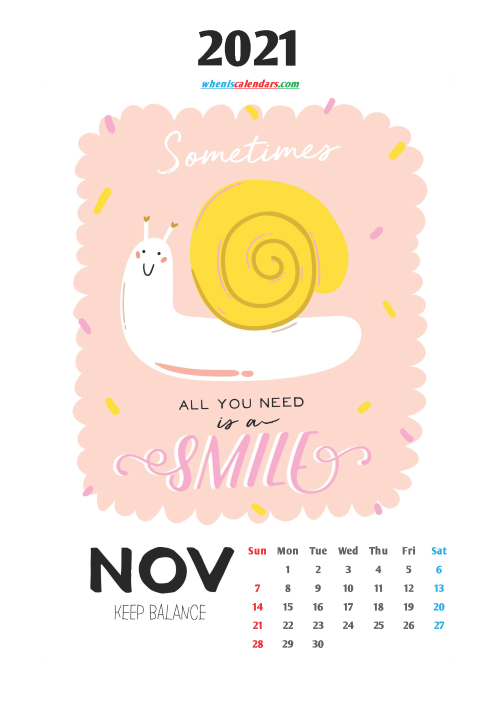 Calendar for Kids Printable November 2021