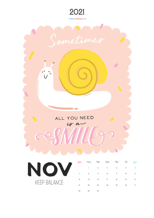 Free Calendar for Kids Printable November 2021