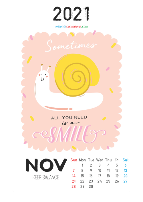 Free Cute Calendar Printable November 2021