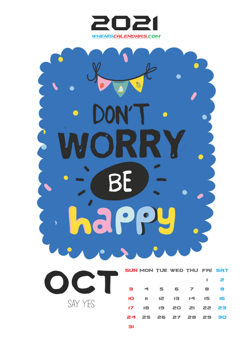 Free October 2021 Calendar for Kids Printable