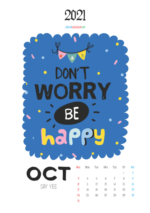 Calendar for Kids Printable October 2021