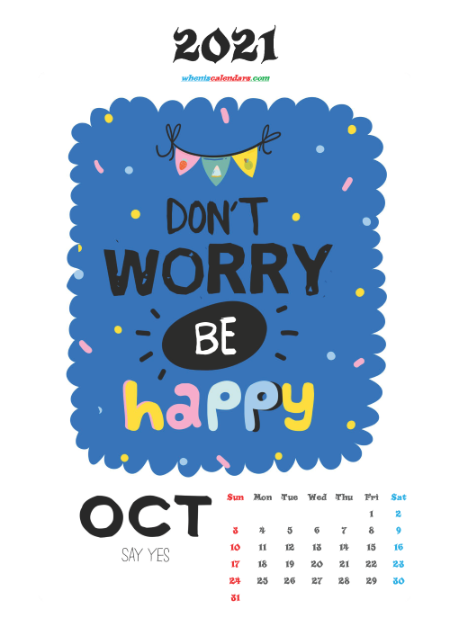 October 2021 Calendar for Kids Printable