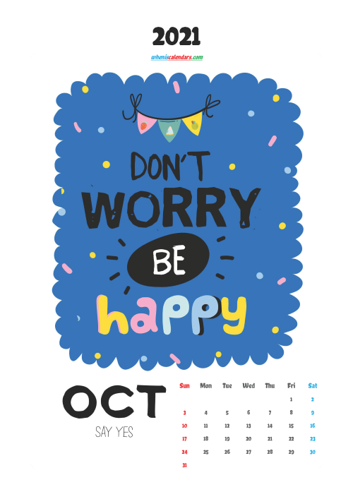 Free October 2021 Calendar for Kids Printable