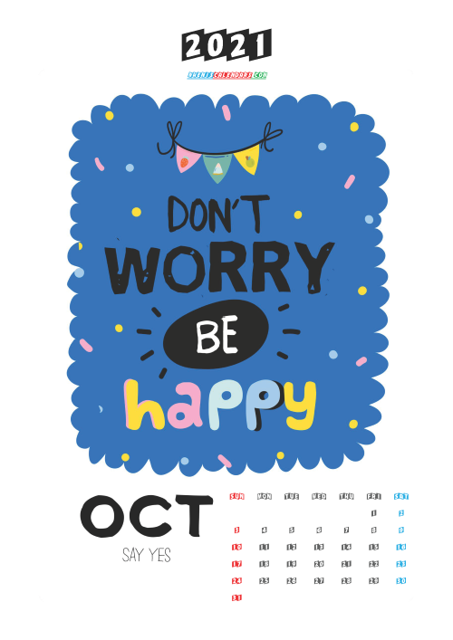 Free Cute Calendar Printable October 2021