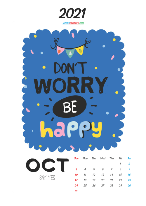 October 2021 Calendar Printable for Kids