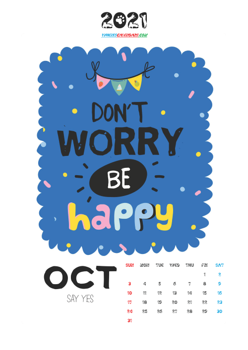 Free Calendar for Kids Printable October 2021