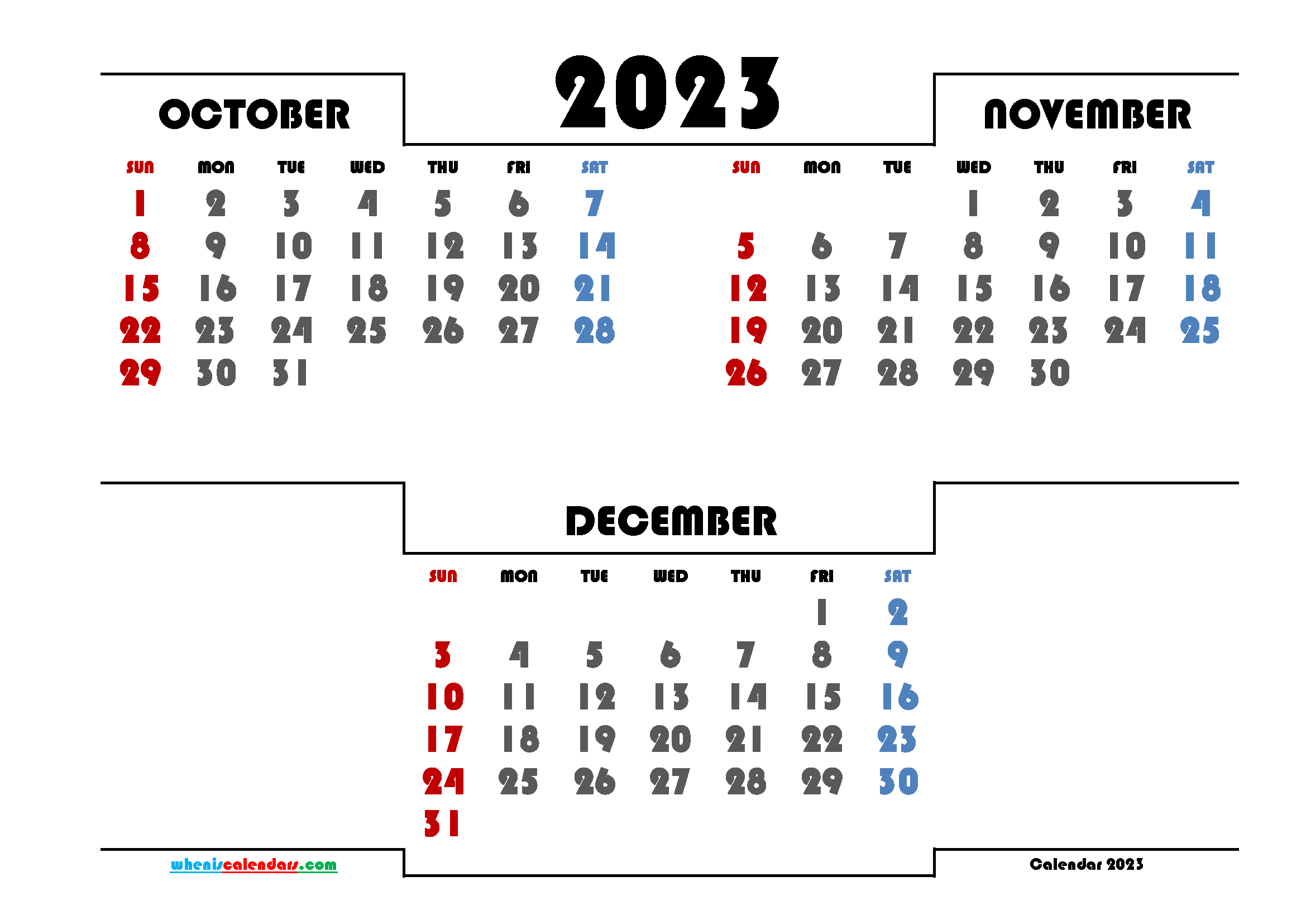 October November December 2023 Free Printable Quarterly Calendar