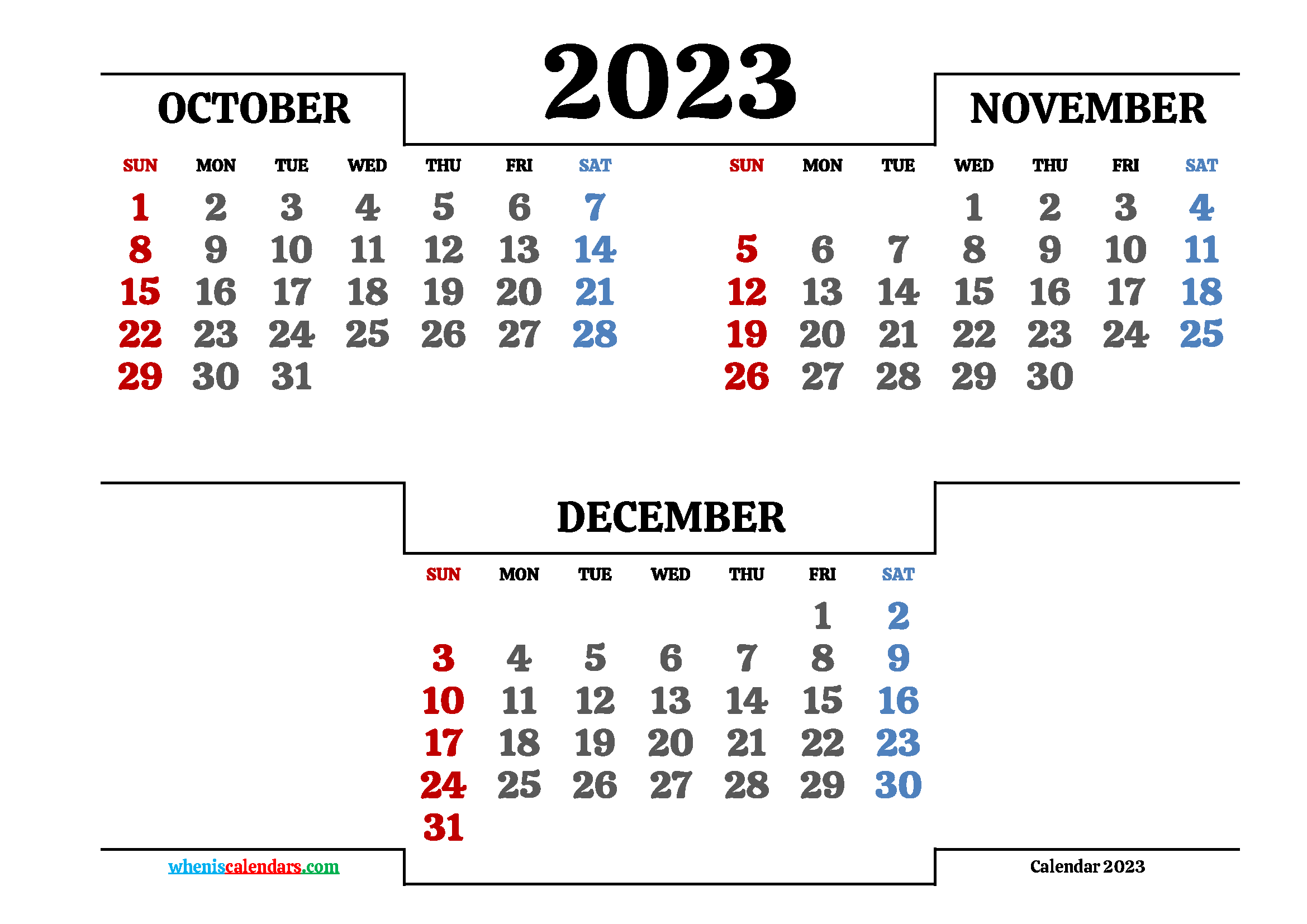 Calendar October November December 2023 Printable