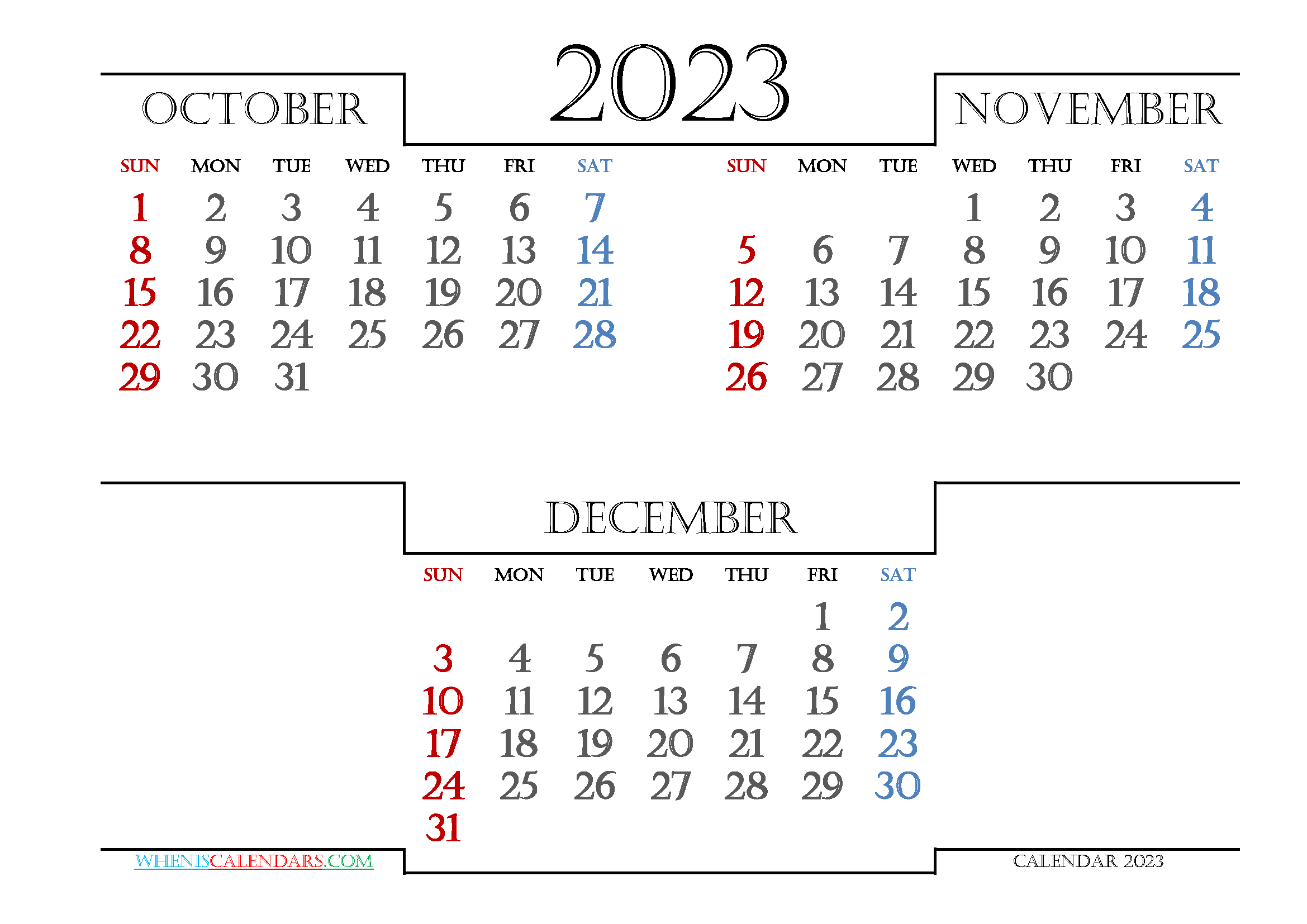 Printable October November December 2023 3 Month Calendar