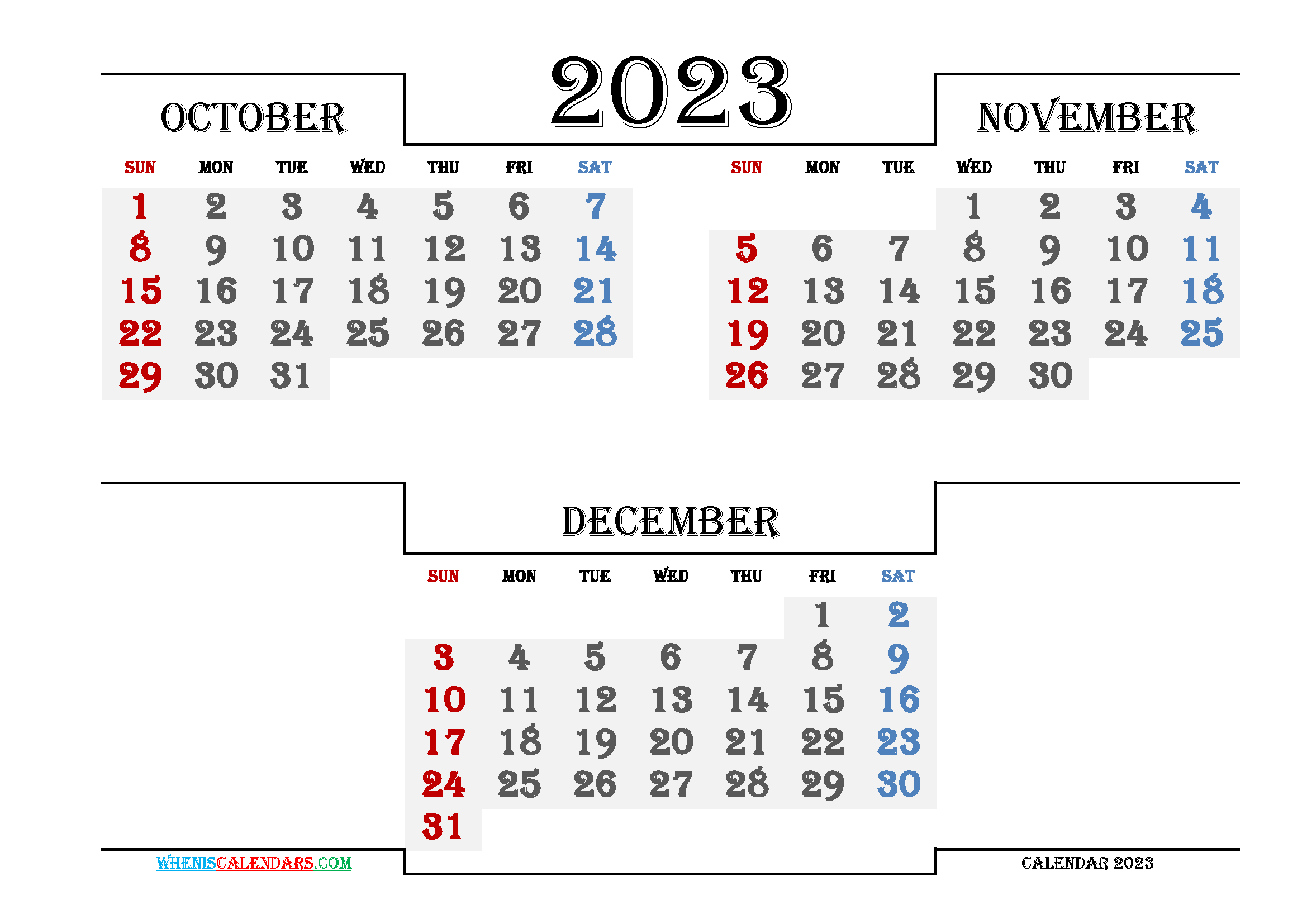 October November December 2023 Calendar Printable