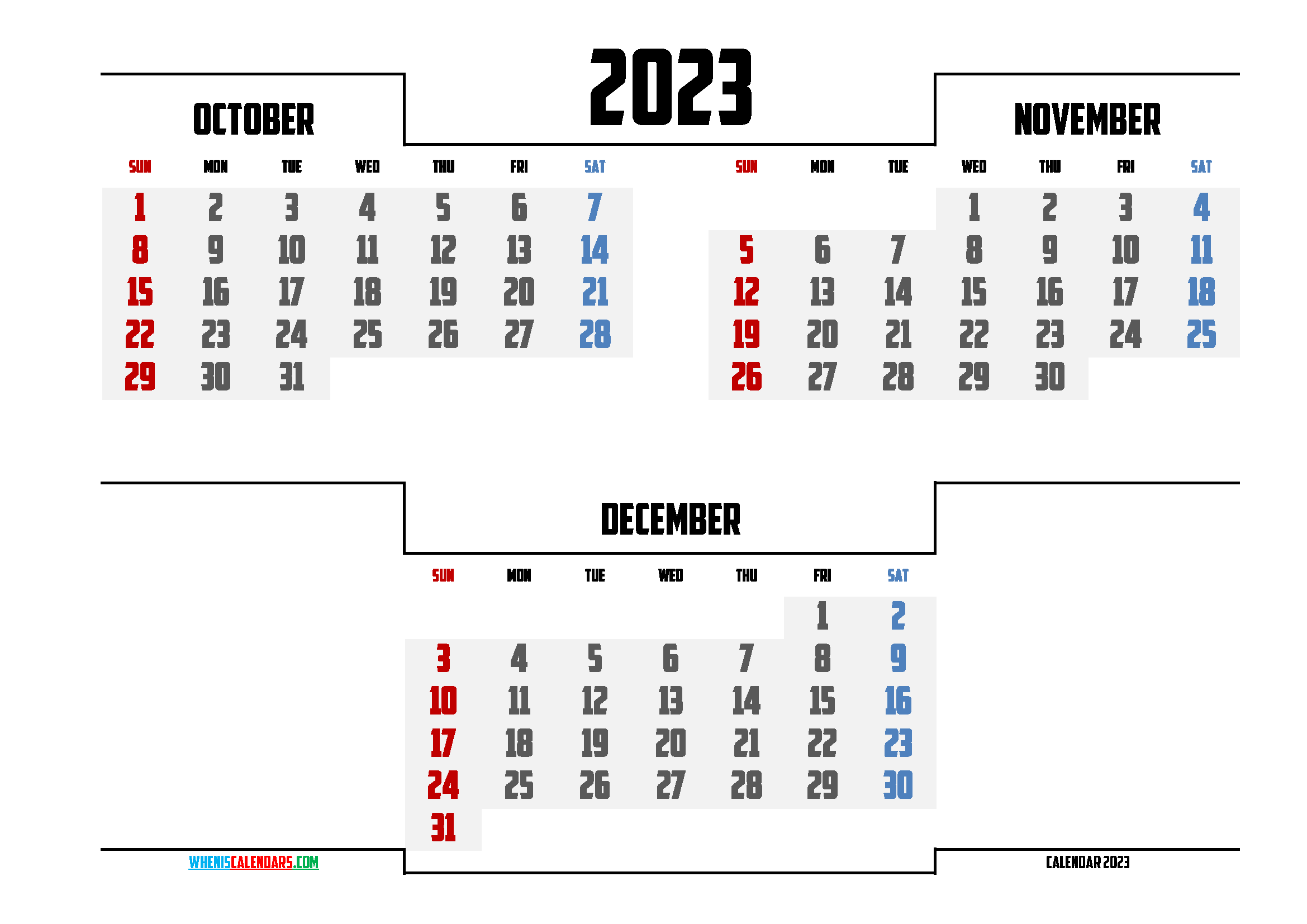 Free October November December 2023 Calendar Printable