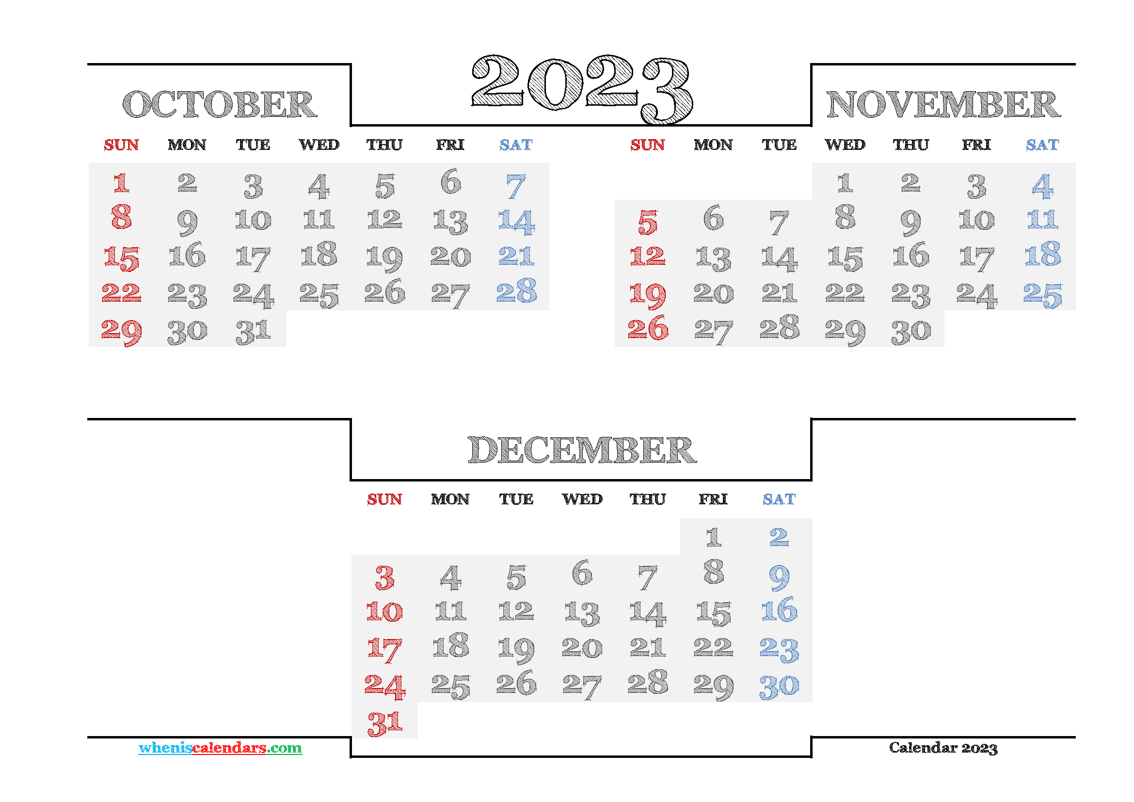 October November December 2023 Printable Quarterly Calendar