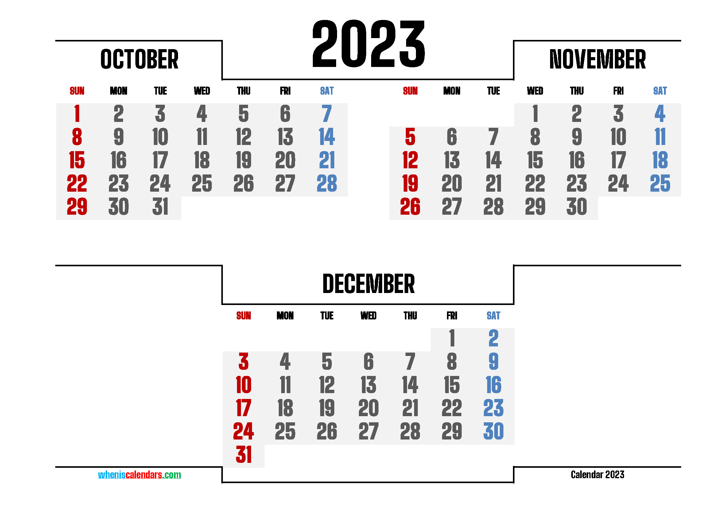 October November December 2023 Free Printable Quarterly Calendar