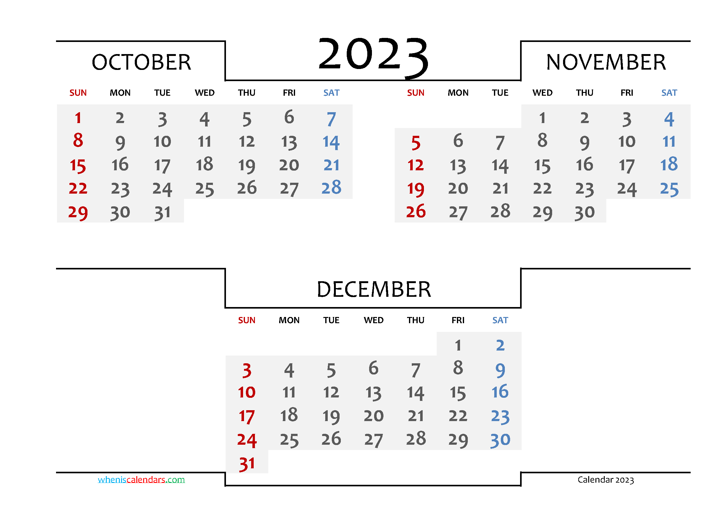 Free October November December 2023 Quarterly Calendar