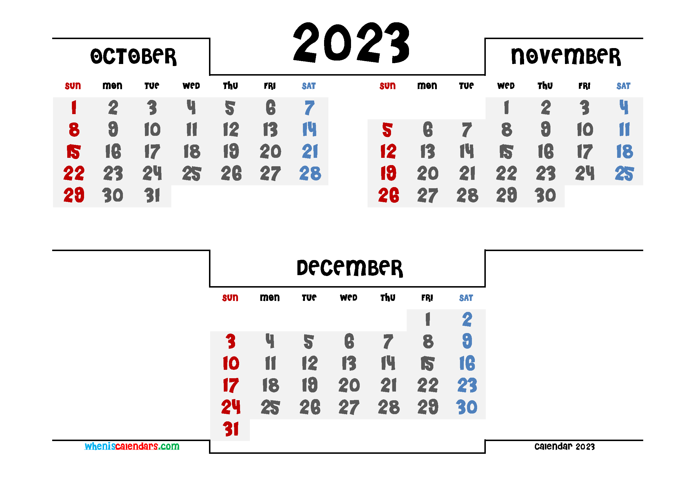 Printable October November December 2023 Calendar