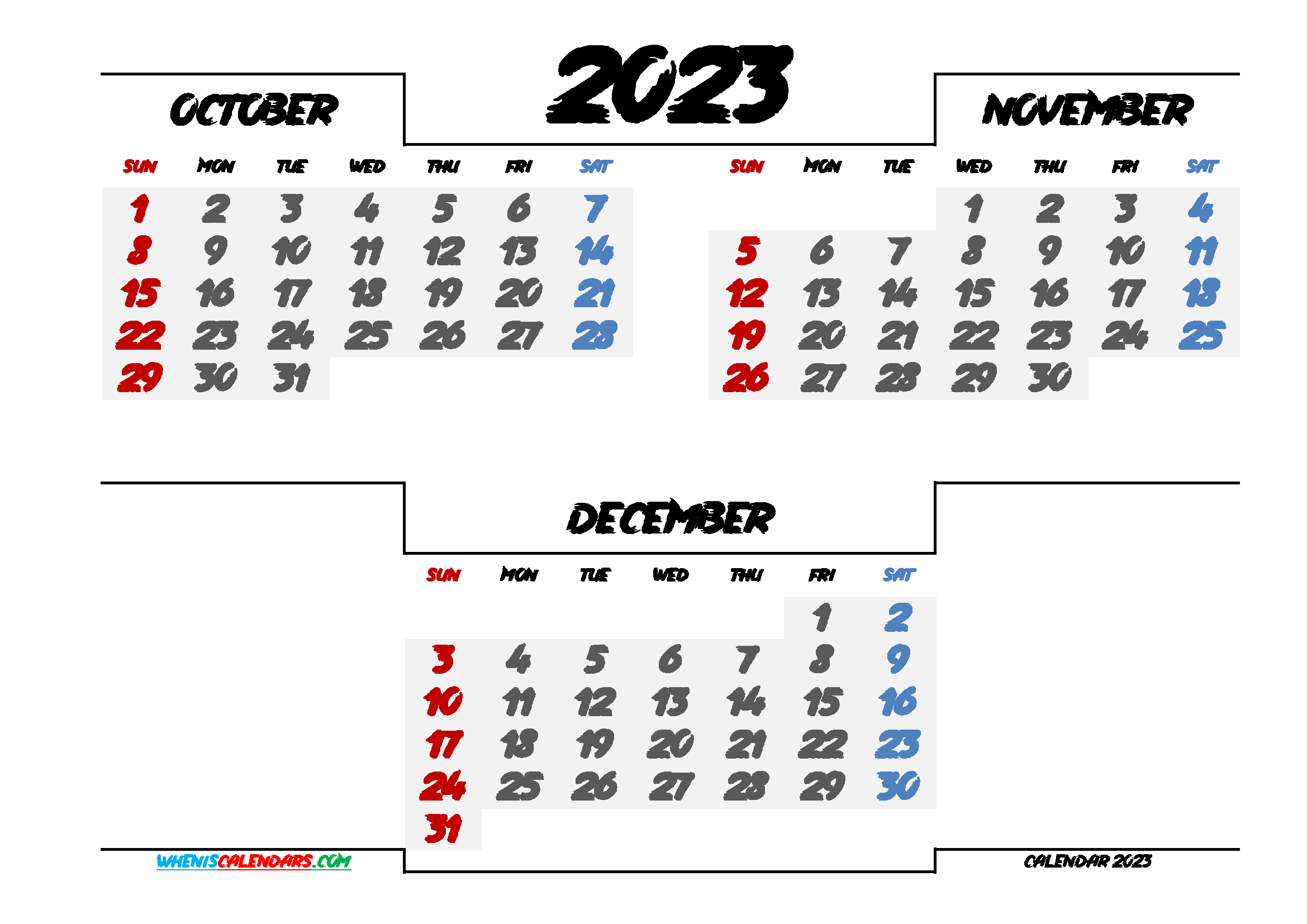 Free October November December 2023 Calendar Printable