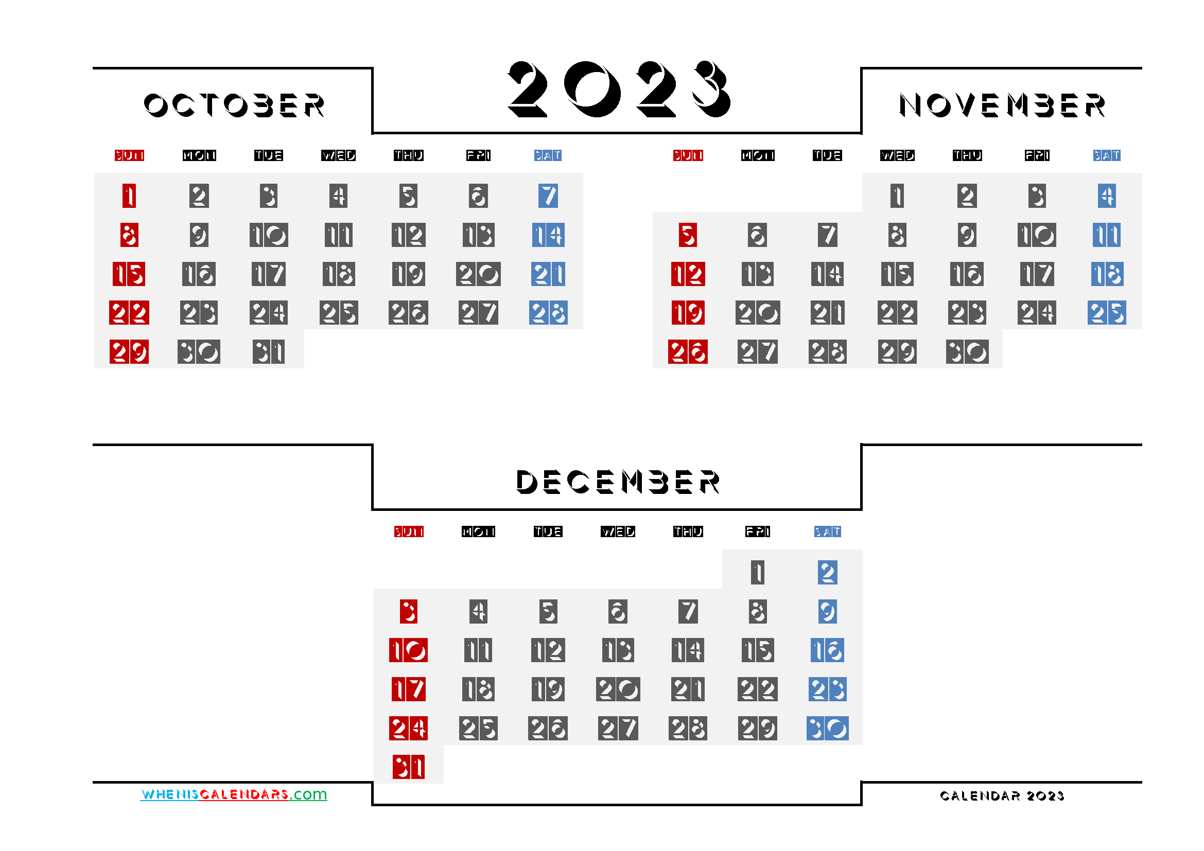 Calendar October November December 2023 Printable