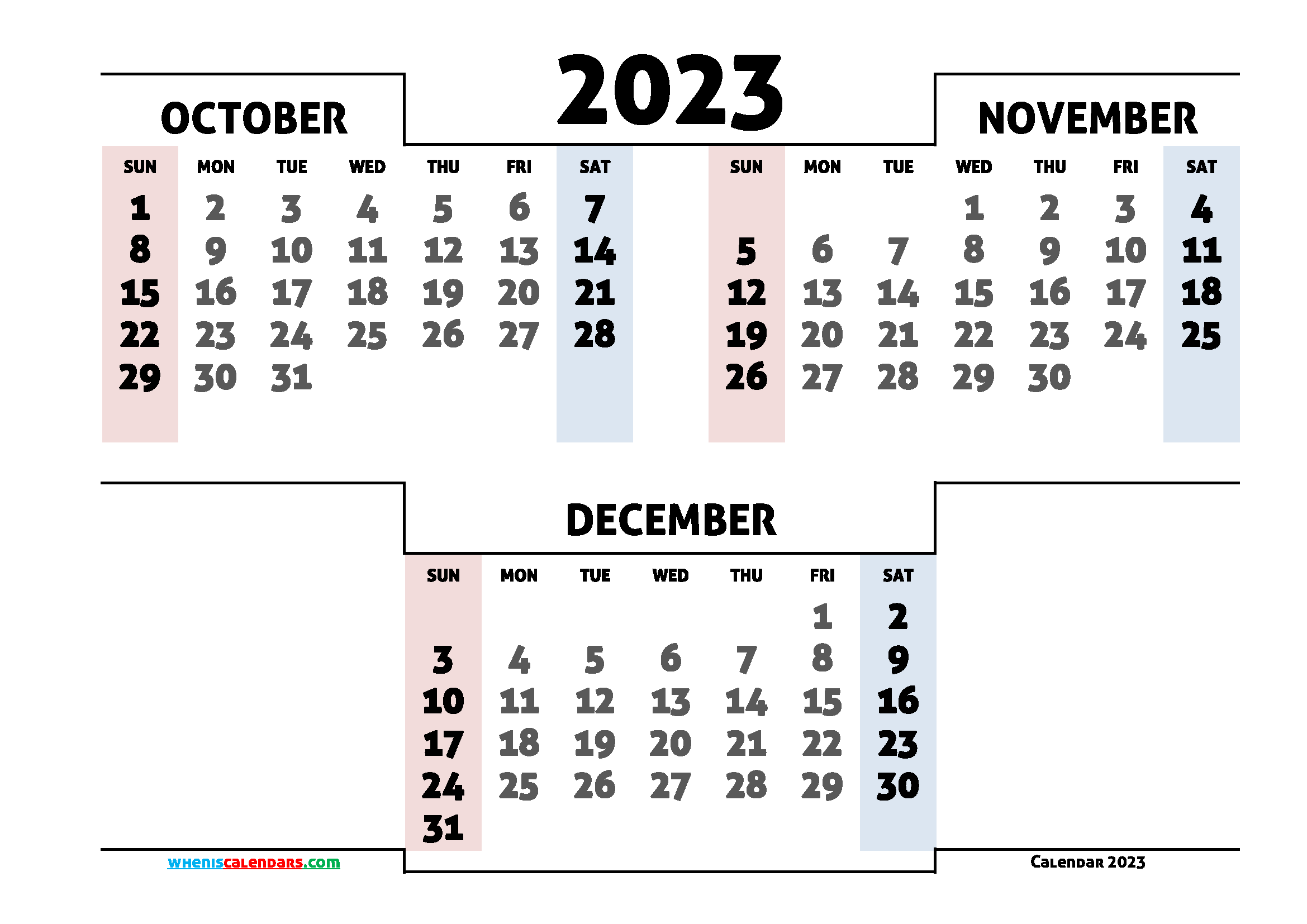 October November December 2023 Printable Calendar Free