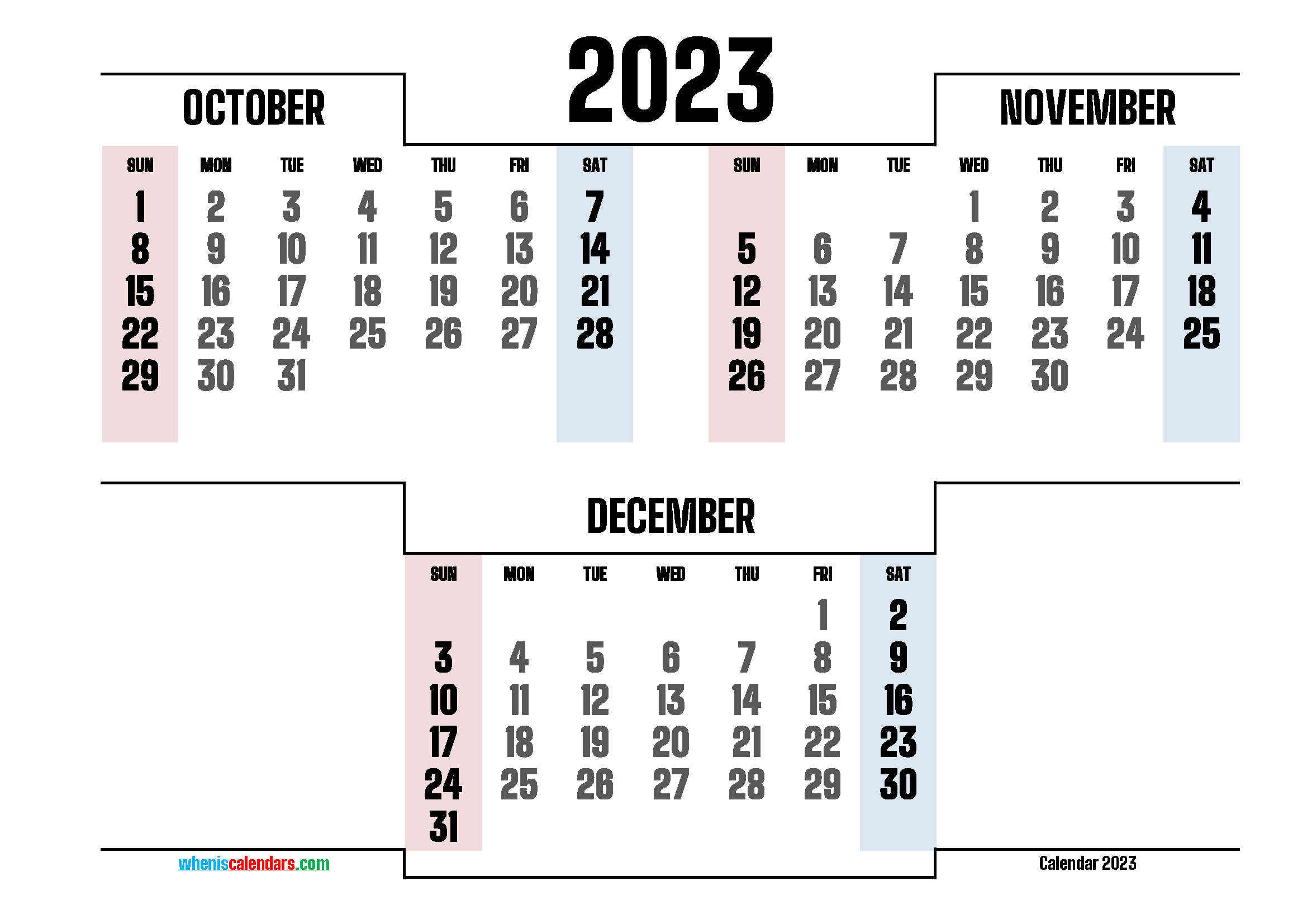 October November December 2023 Three Month Calendar