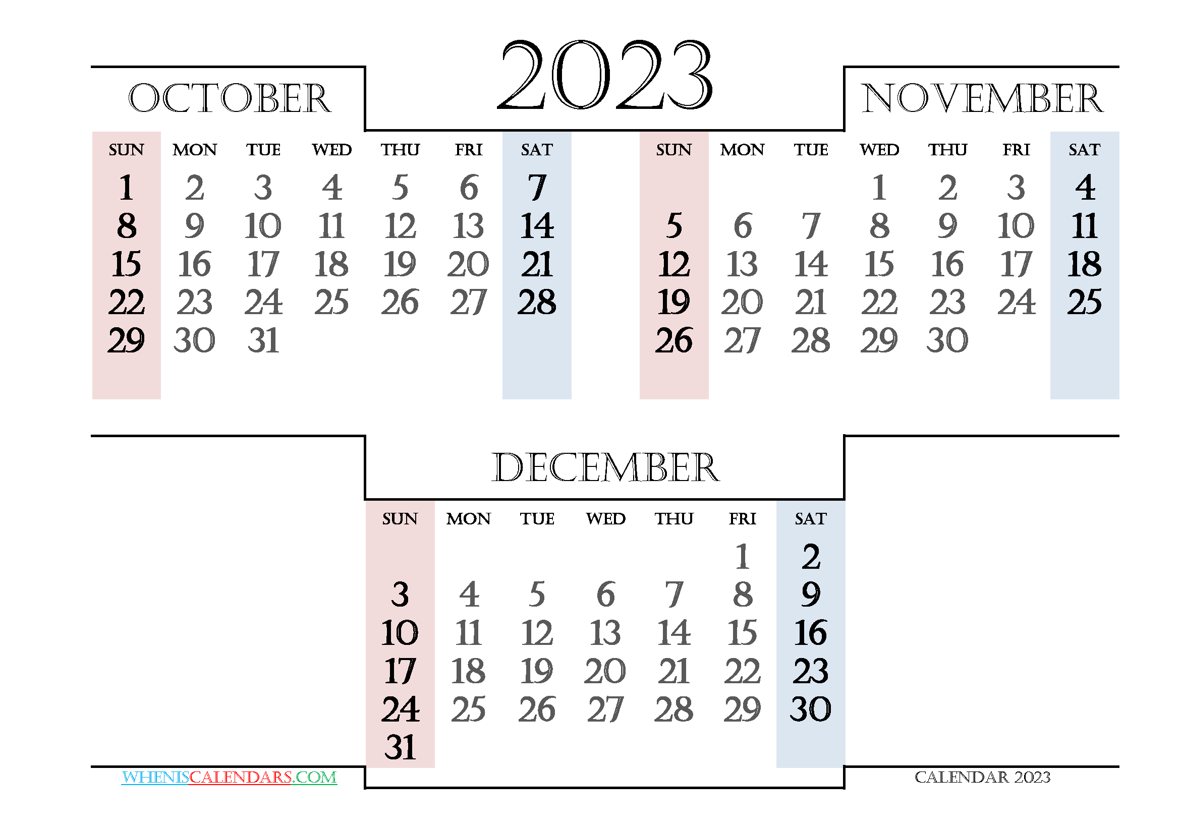 Printable October November December 2023 Calendar