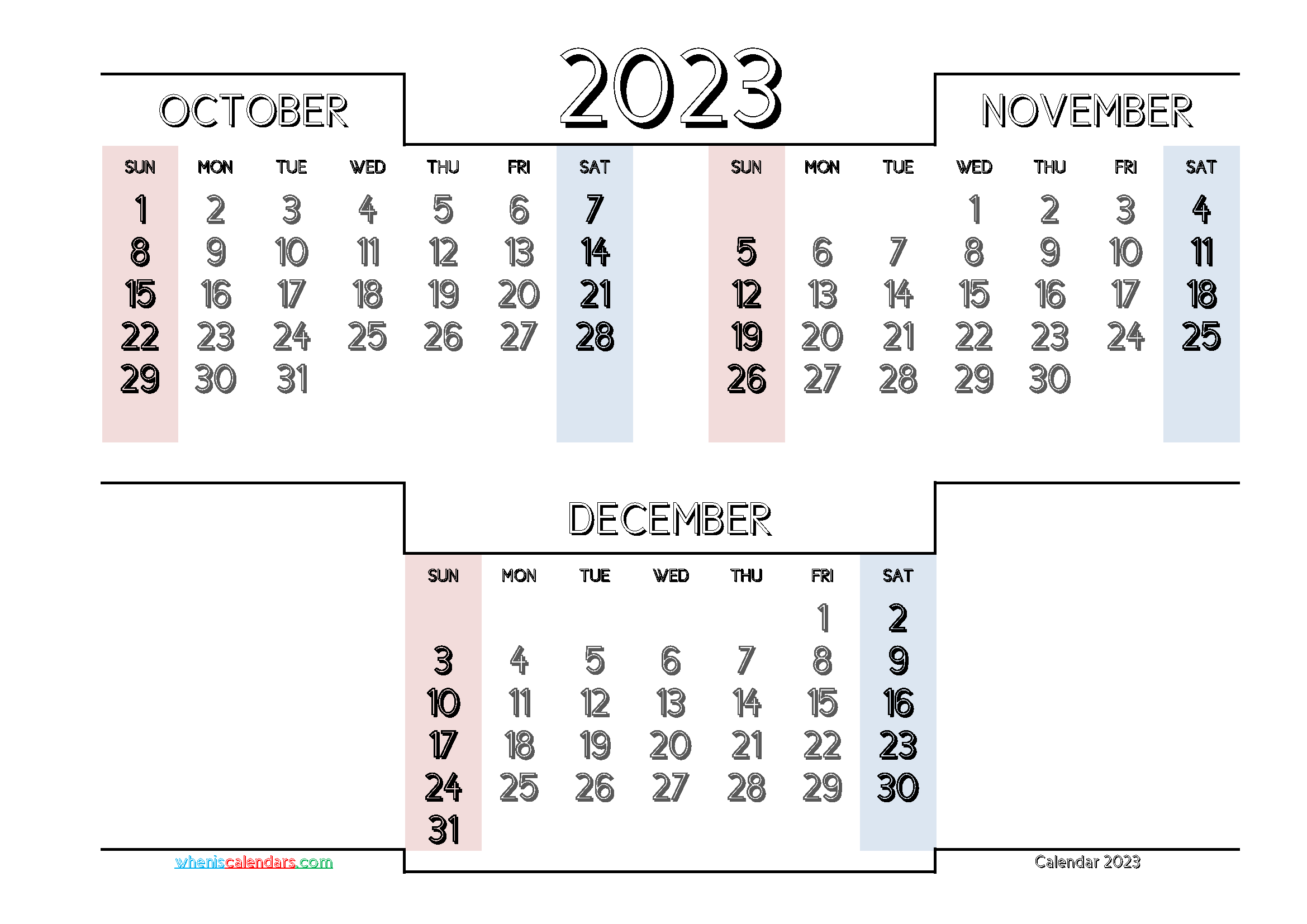 October November December 2023 Printable 3 Month Calendar