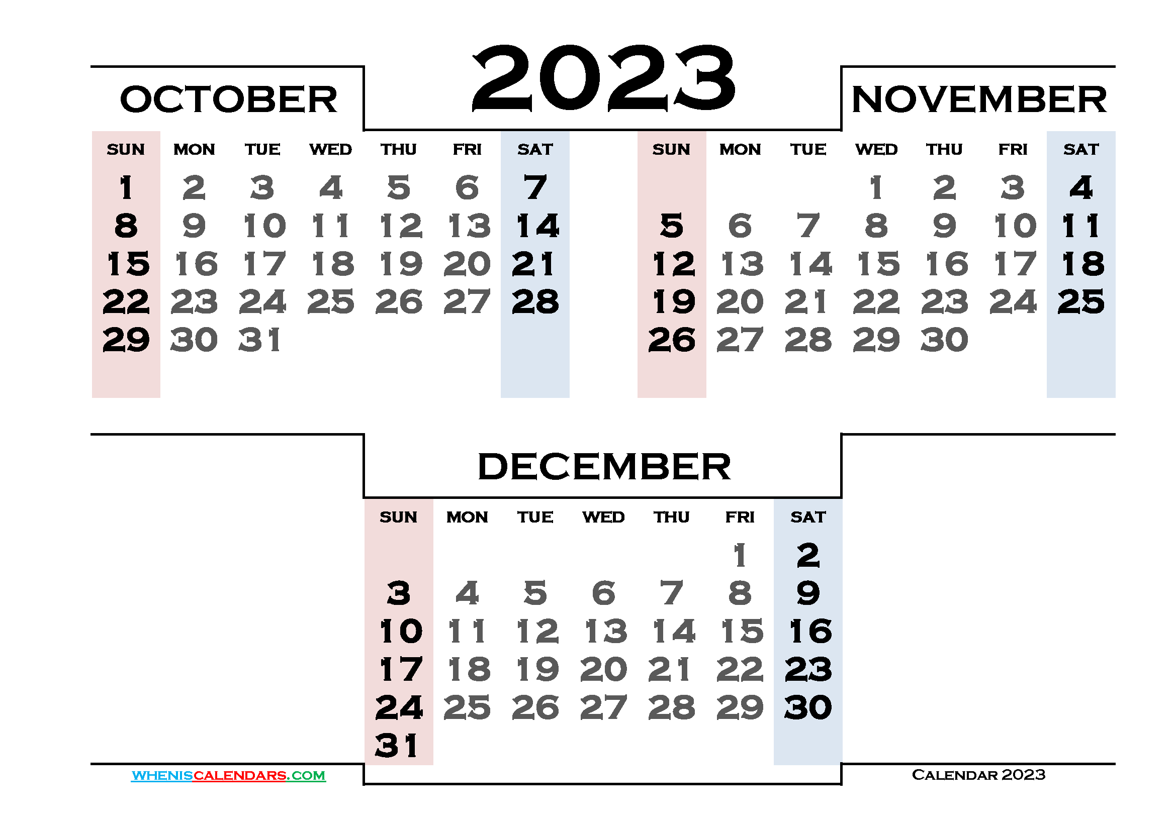 Free October November December 2023 Quarterly Calendar