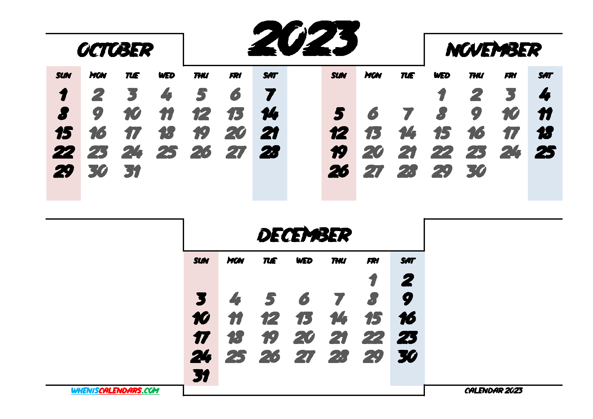 October November December 2023 Calendar Printable