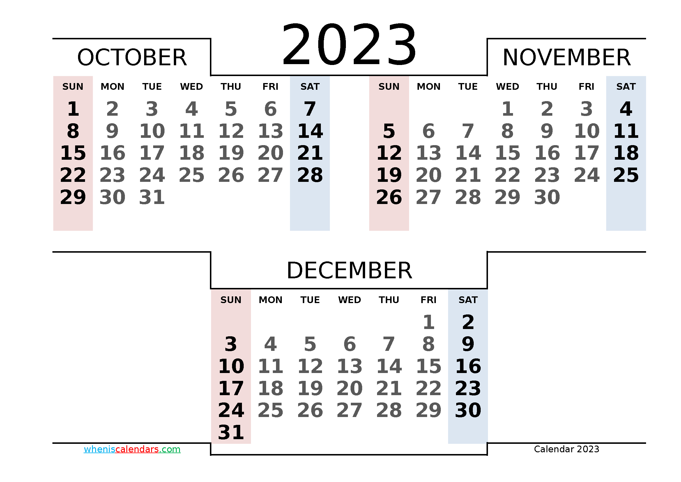 Printable October November December 2023 3 Month Calendar