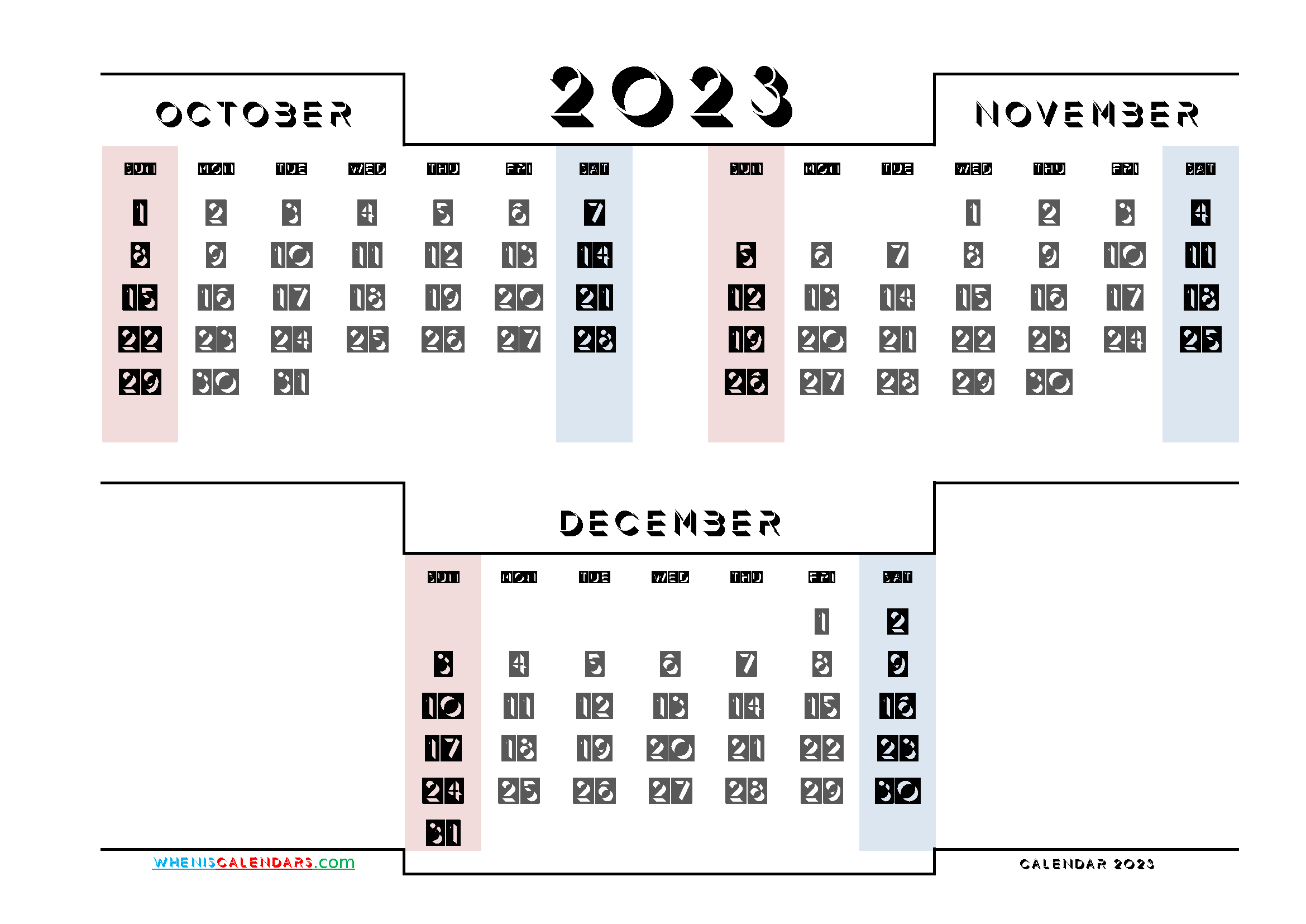 October November December 2023 Printable Calendar