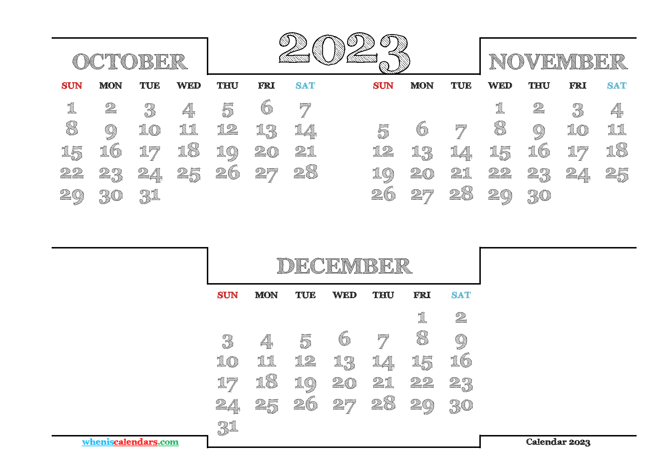 October November December 2023 Printable Quarterly Calendar
